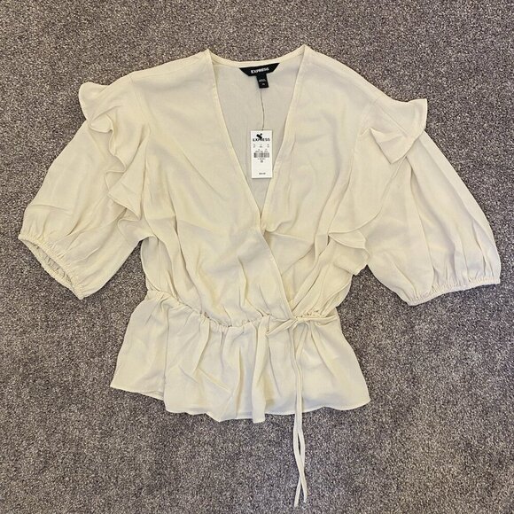 Express Women's Faux Wrap Puff Sleeve Peplum Top Sandshell Size XS - NWT $54 - Picture 10 of 16